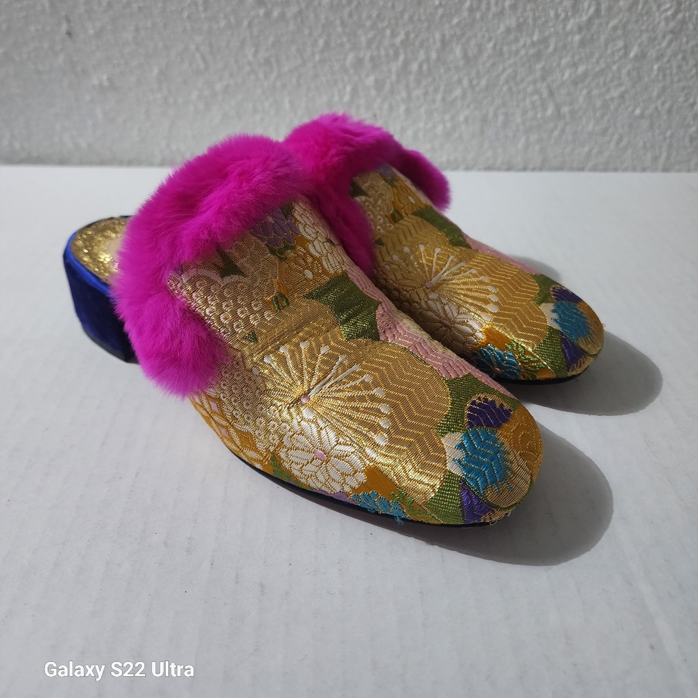 Christian Louboutin Women Gold Multicolor Brocade Fur Mule Clogs EU 35